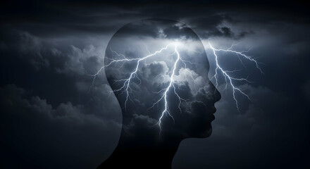 Stormy Mind Concept with Lightning Over Silhouette of Head