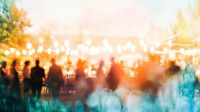 Evening Gathering Under String Lights - Silhouette of people socializing at an outdoor event with string lights at sunset. Warm, inviting atmosphere