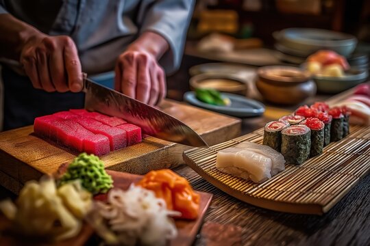 Tokyo Sushi Chef Slicing Fatty Tuna with Precision and Artful Traditional Arrangement