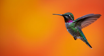 Fototapeta premium Vibrant Hummingbird in Flight Against Colorful Orange Background