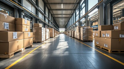 Cardboard boxes stacked in warehouse aisle