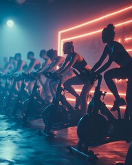 Group of People in a Spinning Class with Neon Lights and Synchronized Pedaling