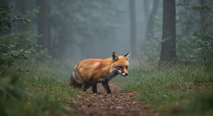 Fototapeta premium Majestic Red Fox Wandering Through Misty Forest in Early Morning Light