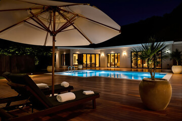 Fototapeta premium illuminated luxury pool at night with lounge chairs and umbrella