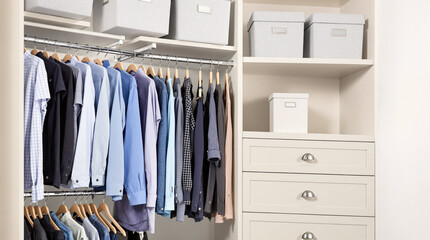 organized closet with various clothing items hanging neatly on wooden hangers