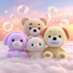 Adorable Plush Bear Dog Bunny and Cat on Clouds Pastel Sunset Sky with Bubbles