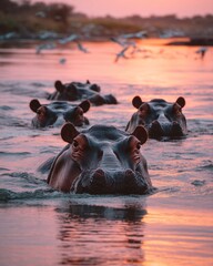 Fototapeta premium Group of Hippos Partially Submerged in a River at Sunset