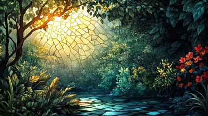 Sunlight breaks through dense foliage in a colorful, fantasy-style forest filled with vibrant flowers and rich green vegetation.