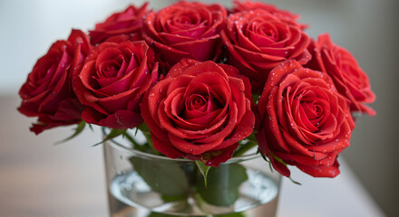 Fototapeta premium Stunning Bouquet of Red Roses in a Glass Vase