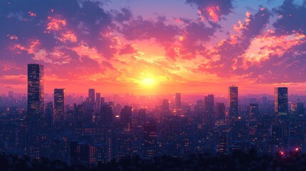 Fototapeta premium Cityscape sunset, vibrant sky, urban glow, evening horizon