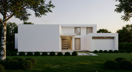 Sleek White Cube House with Lush Green Lawn And Trees