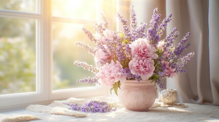 Soft pink peonies and lavender bouquet on a windowsill