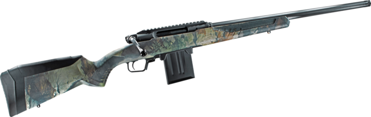 High powered bolt action rifle with a camouflage stock