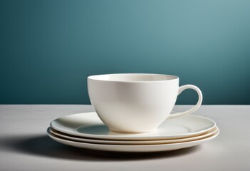 A stack of plates has a white cup and saucer