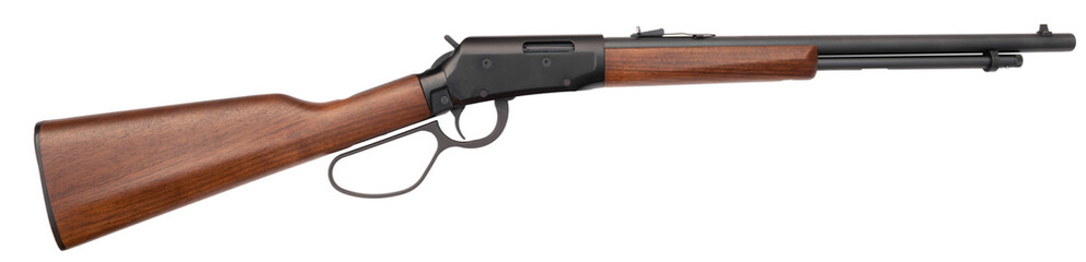 Wood stocked lever-action rifle with oversized lever loop