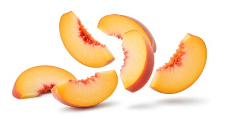 Peach slices flying, soft shadows, white background