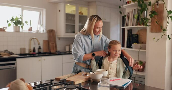Kitchen, mom and child with backpack, fist bump and preparation for back to school, woman and daughter. Home, mother and gesture for goodbye, growth and development of girl with education in morning