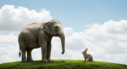 Obraz premium Elephant and Rabbit Friendship in a Serene Natural Landscape