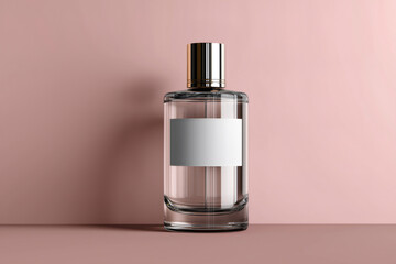 Transparent perfume bottle with blank white label and silver cap standing on pink surface with pink background, ideal for showcasing fragrance products