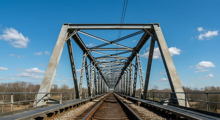 Obraz premium Industrial Iron Bridge Over Railway Tracks Under Clear Blue Sky