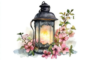 Illuminated Lantern with Pink Blossoms - Watercolor painting of a rustic lantern glowing warmly, surrounded by delicate pink flowers. Symbolizing hope, tranquility, remembrance, spring