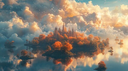 Castle on autumn island reflected in tranquil water under cloudy sunset sky