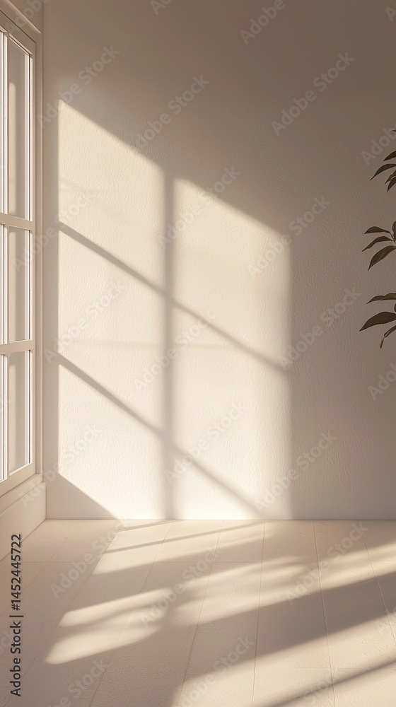 Fototapete Warm sunlight streams through a window, creating soft shadows on the floor and illuminating a calm indoor space with a small green plant