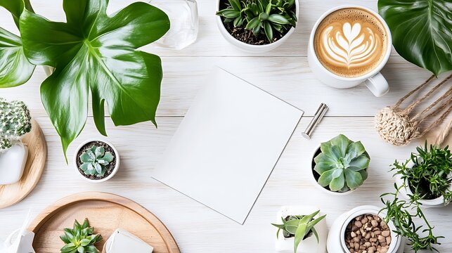 Plants coffee workspace arrangement