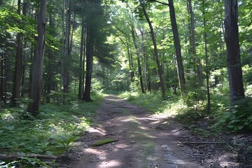 Obraz premium Sunlight Filters Through the Trees Illuminating a Forest Path: A Tranquil Nature Scene with Lush Greenery and Serene Atmosphere, Perfect for Relaxation and Peaceful Contemplation.