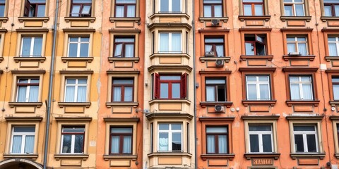 Fototapeta premium Budapest panel apartment building facade, many windows, weathered texture, concrete, background