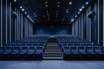 Modern Cinema Interior Design - Empty seats in a stylish modern cinema, symbolizing anticipation, cinematic experience, entertainment, architecture, and design
