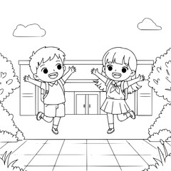 happy boy and girl playing in the park. coloring page for kids.