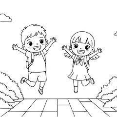 happy boy and girl playing in the park. coloring page for kids.
