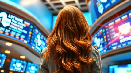 Woman with long red hair observing stock market screens in a bustling trading environment