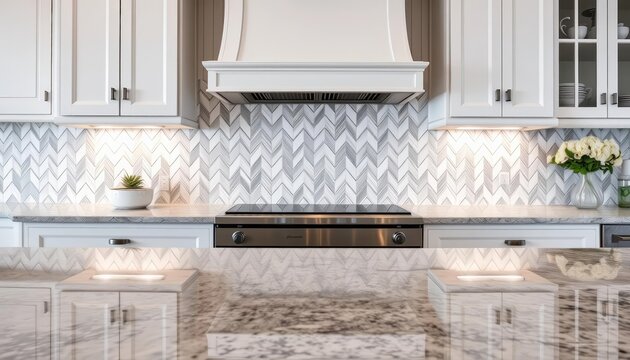 Elegant white & gray herringbone marble kitchen backsplash reflecting on granite countertop, tile, marble