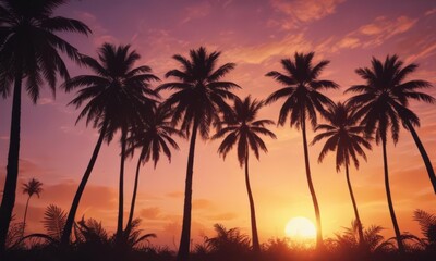 Tall palm trees silhouettes against vibrant sunrise ,  photography,  jungle,  photo
