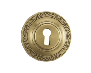 Antique brass keyhole escutcheon close up vintage door hardware old lock detail isolated on transparent background