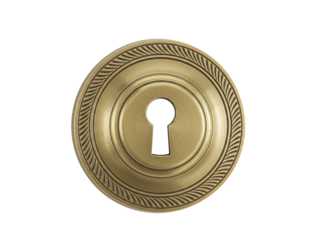 Antique brass keyhole escutcheon close up vintage door hardware old lock detail isolated on transparent background