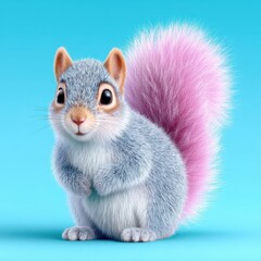 Obraz premium Cute Gray and Pink Squirrel with Fluffy Tail on Light Blue Background