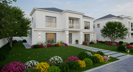 Fototapeta premium Contemporary Home Exterior Design With Lush Landscaping And Modern Architecture