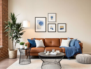 Obraz premium brown leather sofa with blue and white throw pillows in a contemporary living room