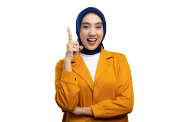 Happy young Asian woman experiencing AHA moment, pointing finger up, having idea isolated on transparent background