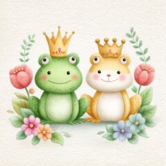 Naklejka premium Cute Green and Yellow Frogs Wearing Crowns Among Flowers