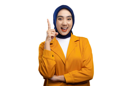Happy young Asian woman experiencing AHA moment, pointing finger up, having idea isolated on transparent background