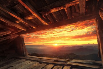Fototapeta premium Wooden interior's breathtaking sunrise mountain view.