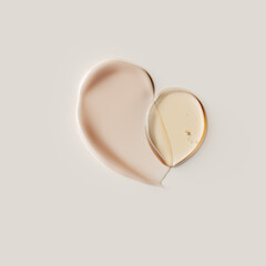 Skincare smear cream product and face serum puddle overlapping swatches. 3d rendering blush pink swipe texture and oil drop minimalist composition