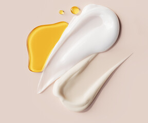 White and beige lotion or cream swatches with oil puddle cosmetic product textures. 3d rendering skin care concept flat lay background.