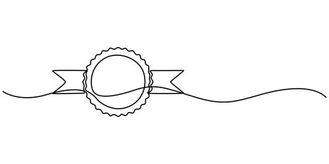Single continuous line drawing of the best quality award badge with gold star winning medal illustration, Winning badge in one continuous line drawing. Symbol of a winner. Award winning ribbon minimal