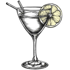 Vintage cocktail glass with citrus, old engraving style, black sketch, trendy vector illustration, antique barware clipart, hand drawn etching, classic alcohol glassware,