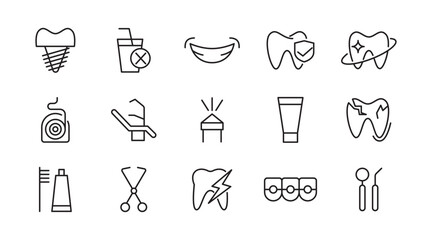 Dental line icon set. Related to tooth, dentist, toothpaste, toothbrush, teeth, implant, clean teeth, dentist, implant, braces line icon set. UI thin line icon pack.